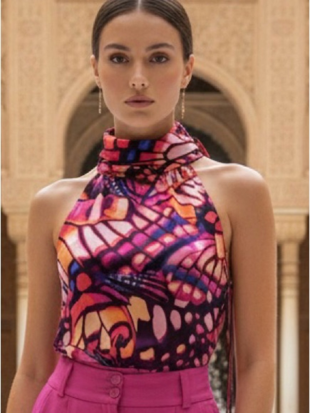 Skies Are Blue Multicolor Abstract Halter Top in Pink & Purple